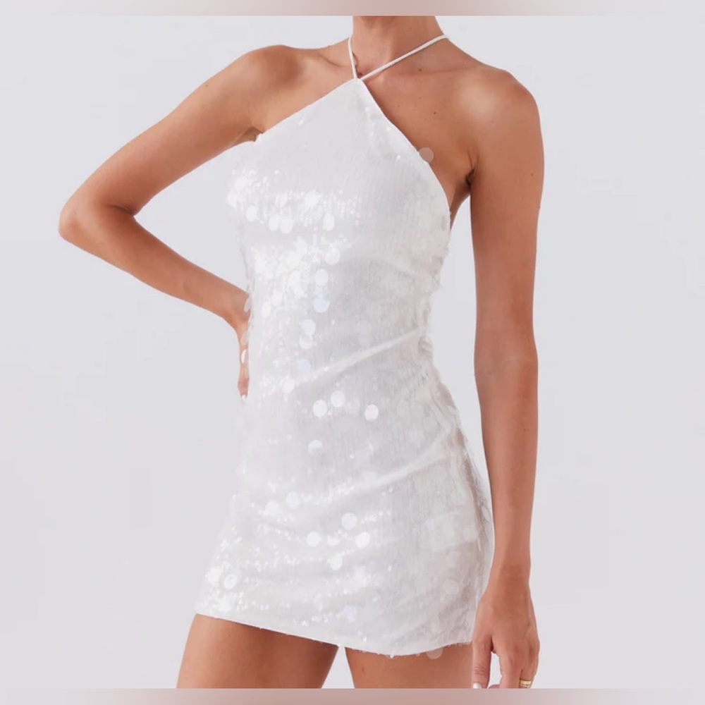 Peppermayo White Sequin Halter Mini Dress
